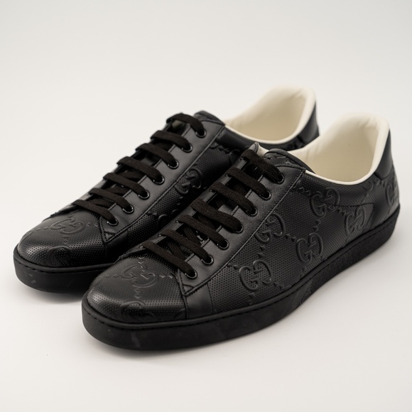 size 12.5G 13 US Gucci Ace Black Embossed GG Leather Sneakers - Picture 1 of 12
